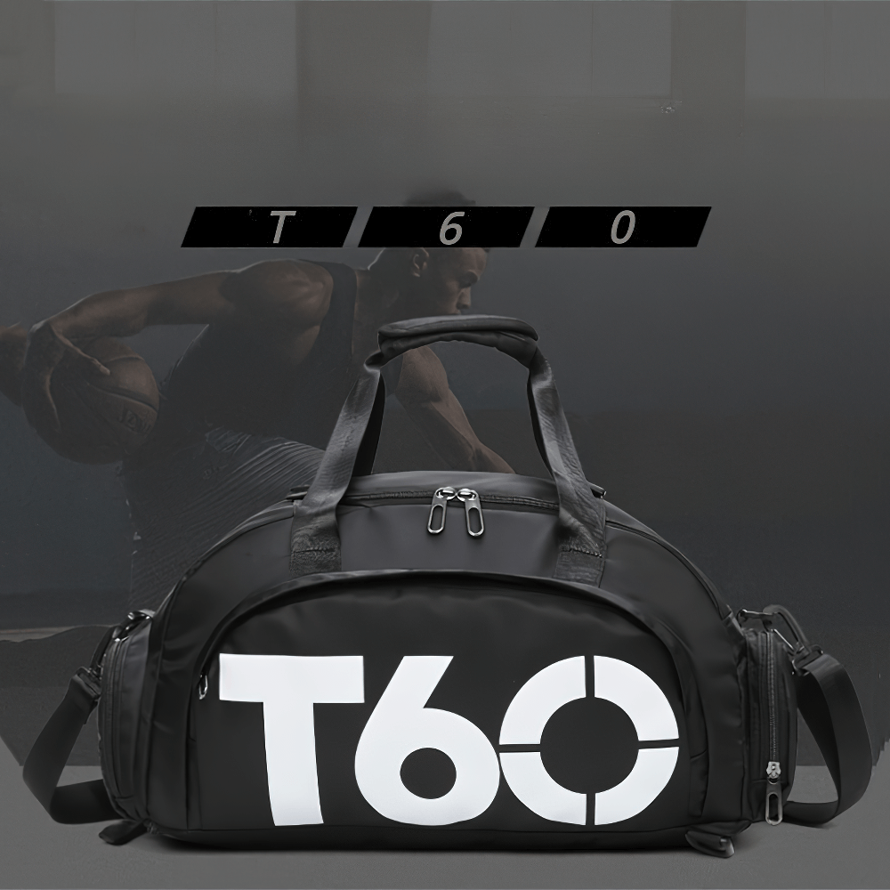 Stylish black sports duffle bag labeled T60 with adjustable straps, perfect for gym, travel, and outdoor activities.