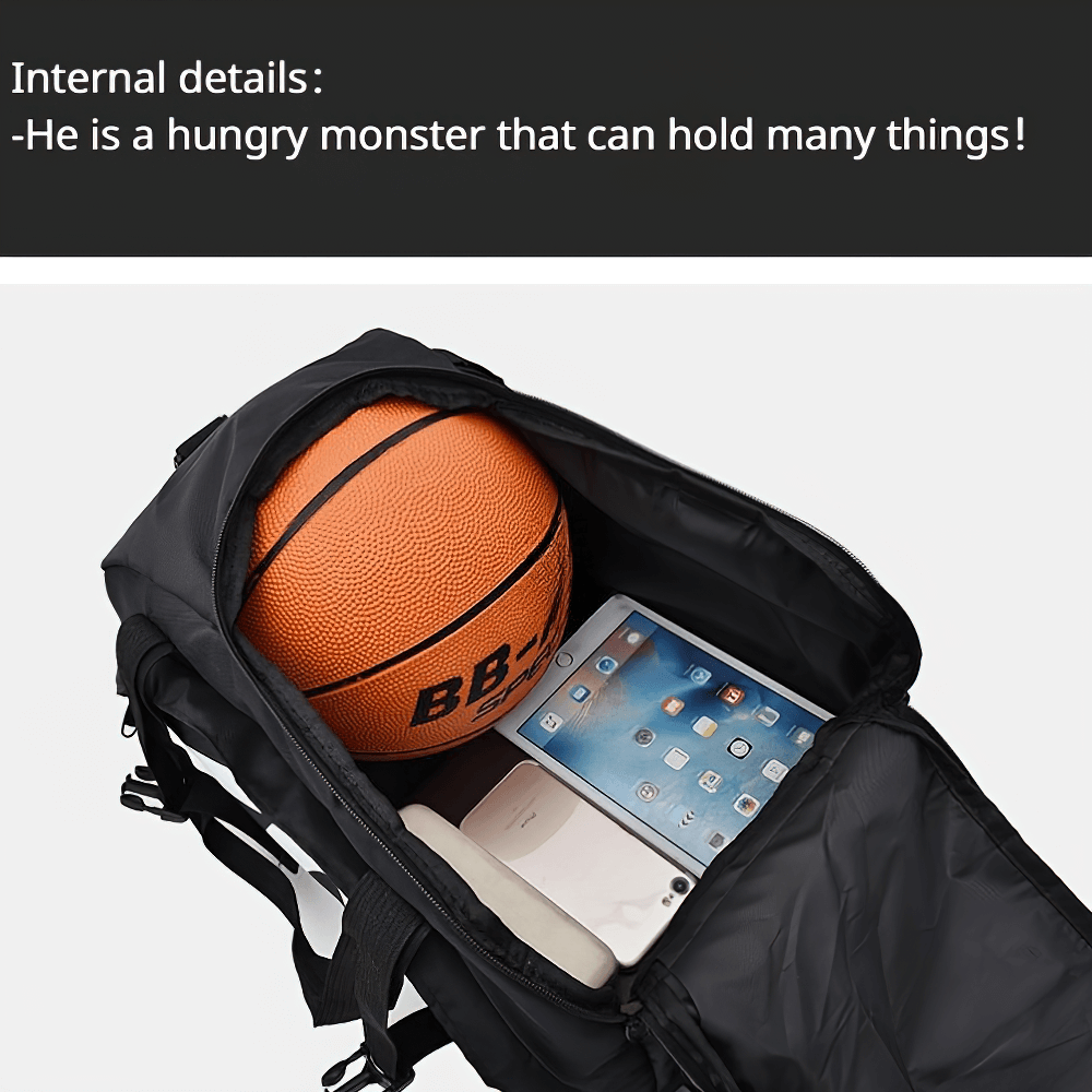 Open black backpack showing a basketball, tablet, and shoes inside, highlighting spacious interior perfect for sports and travel essentials.