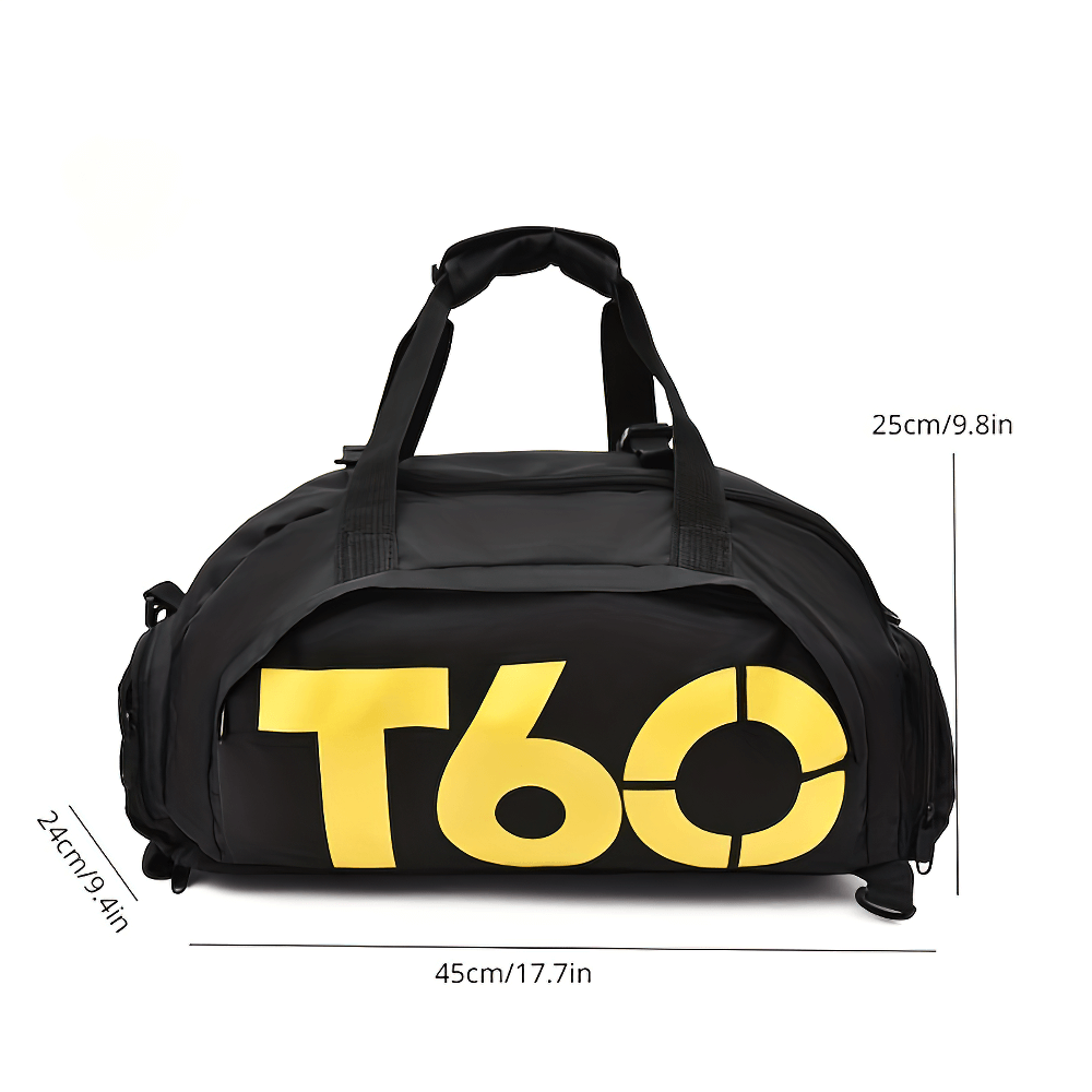 Black transformable backpack and shoulder bag SF2651 with yellow T60 logo, perfect for gym, sports, and travel.