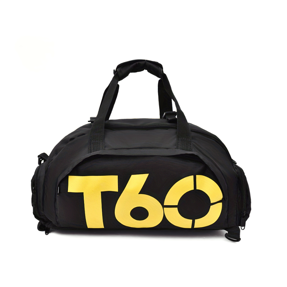 Transformable SF2651 backpack and duffle bag with T60 logo, ideal for gym, sports, travel, in black with yellow branding.