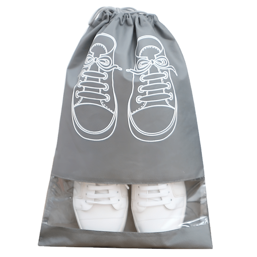 Transparent drawstring shoe bag with clear panel, displaying sneakers inside; ideal for travel organization and shoe protection.