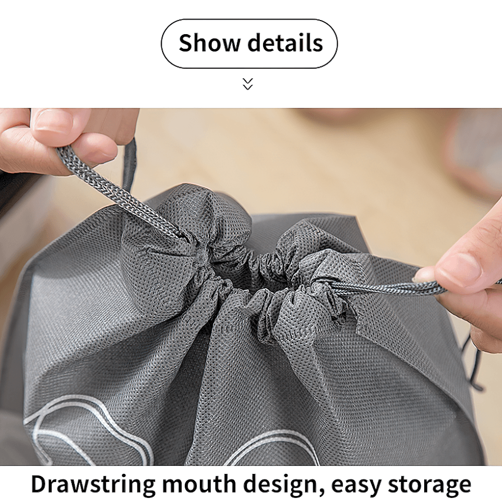 Hands pulling drawstring on a gray transparent shoe bag for easy storage, featuring a durable closure and clear panel for quick access.