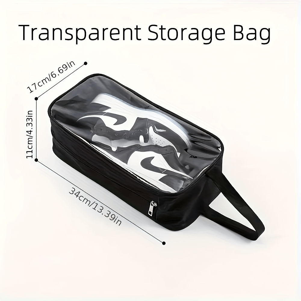 Transparent travel shoe storage bag with handle, waterproof, clear view window, zippered closure, size dimensions shown.