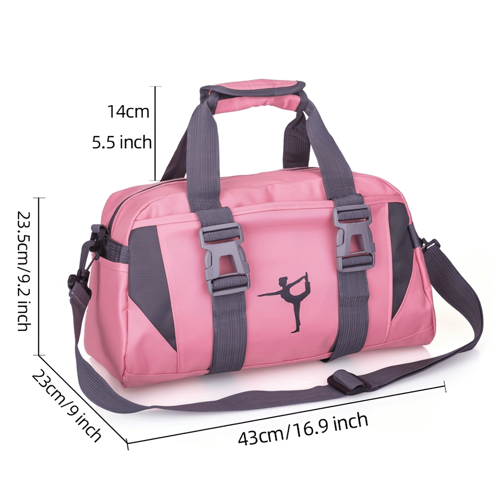 Pink travel and fitness duffle bag with adjustable straps, large capacity, and stylish design. Perfect for gym and outdoor activities.