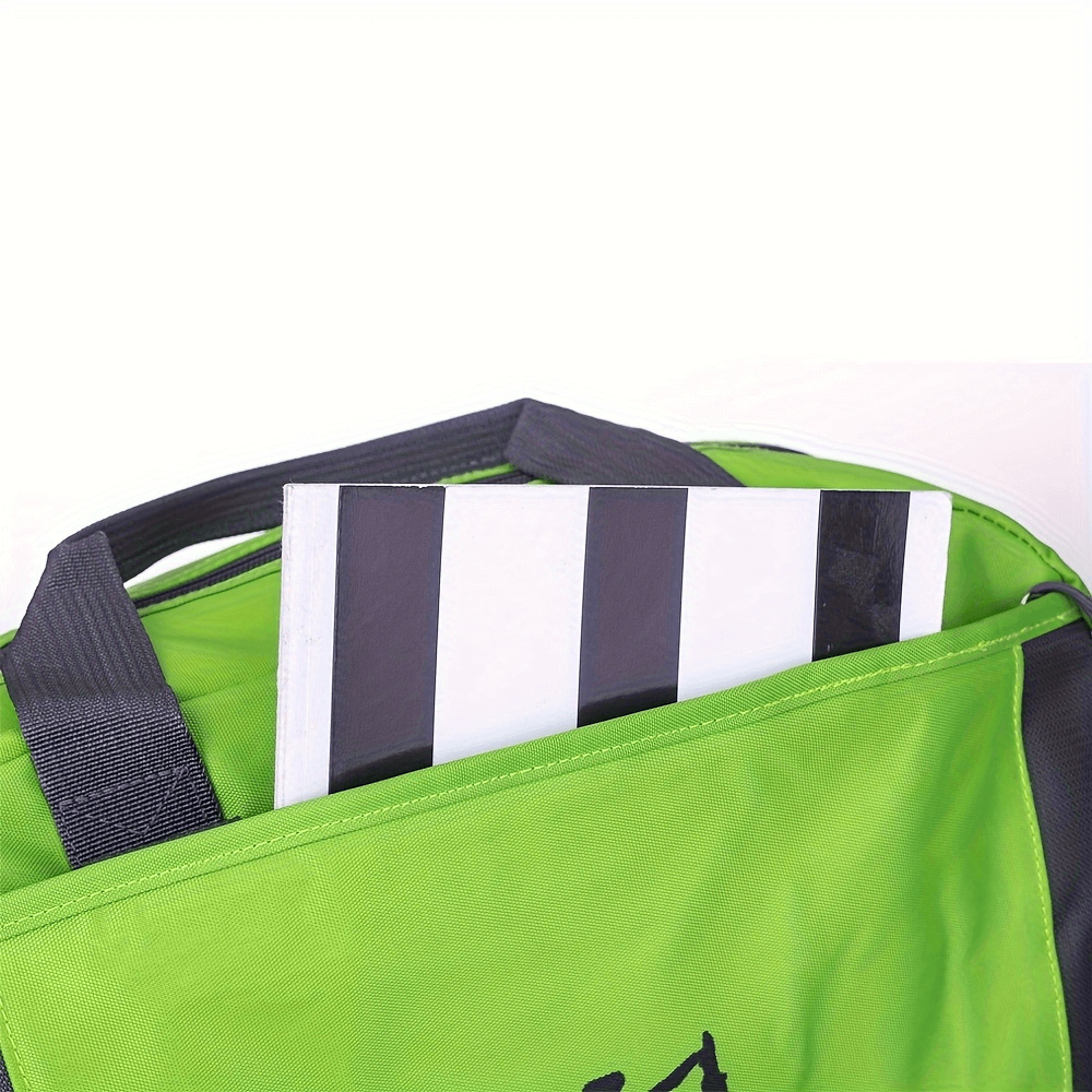 Green travel and fitness duffle bag SF2656 with black adjustable straps, displaying ample pocket space for gym and travel essentials.