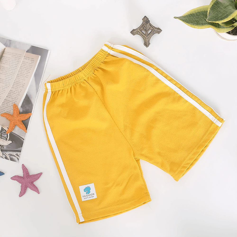 Trendy Elastic Waist Sporty Shorts for Active Teens - SF3745 with colorful stripe trim, perfect for kids. Yellow with white side stripes.