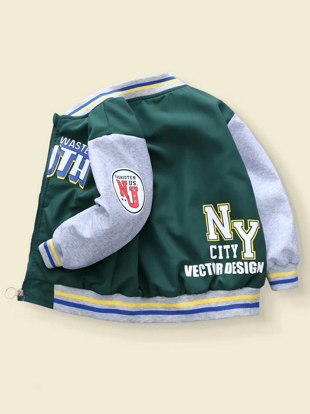 Kids trendy color-blocked unhooded baseball jacket with letter print, perfect for casual wear and outdoor fun, SF3118 style.