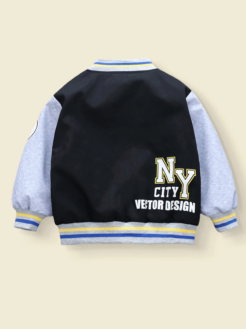 Kids color-blocked baseball jacket with NY city letter print, sporty and stylish design, perfect for casual wear and active play.