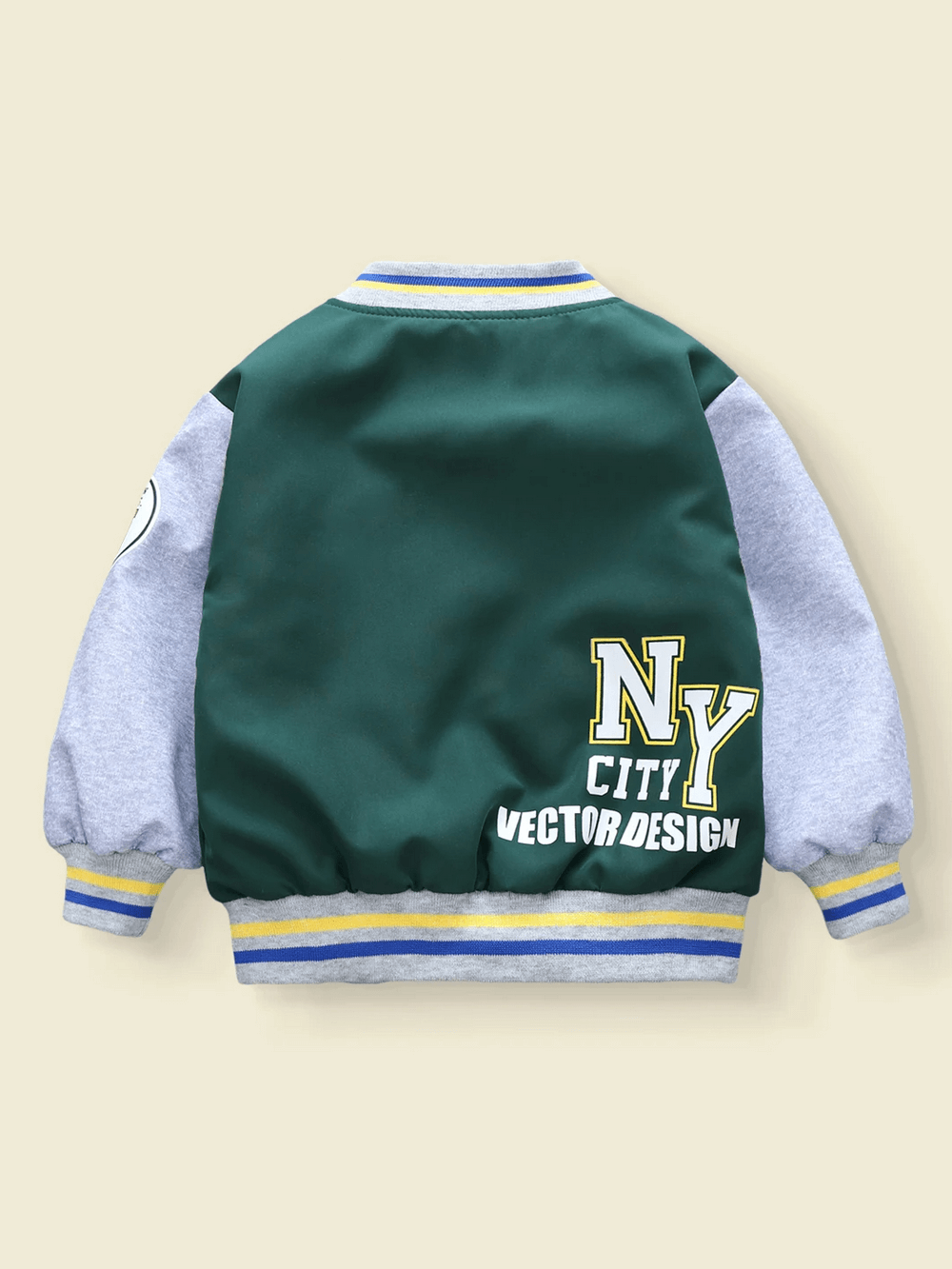 Kids trendy color-blocked baseball jacket with letter print, SF3118. Stylish varsity design for casual wear, NY City Vector Design.