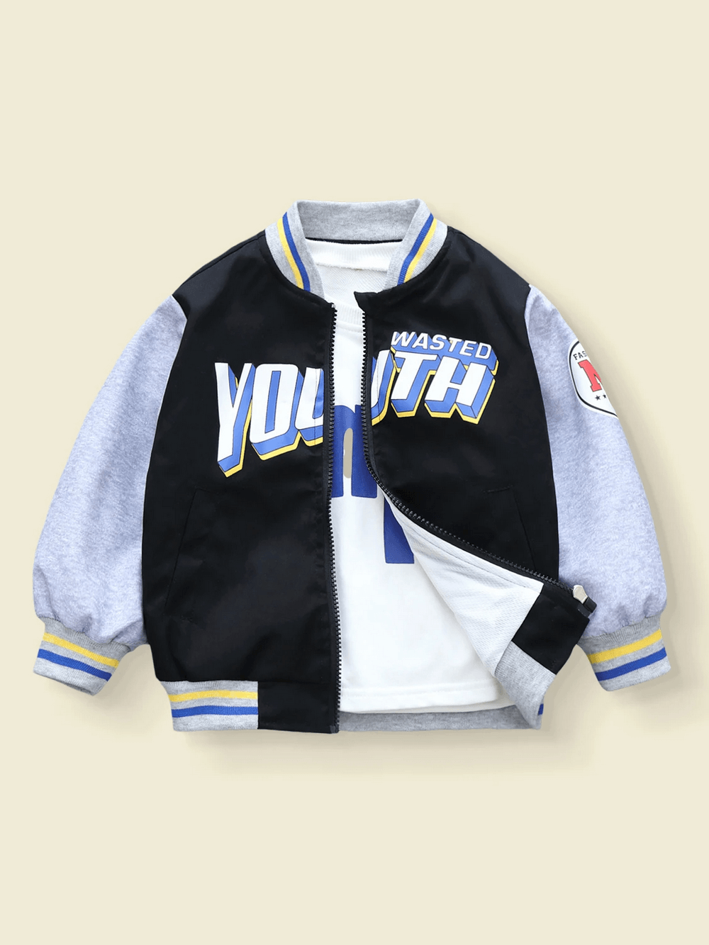 Trendy unhooded color-blocked kids baseball jacket with bold letter print, black and grey design, classic varsity style - SF3118.