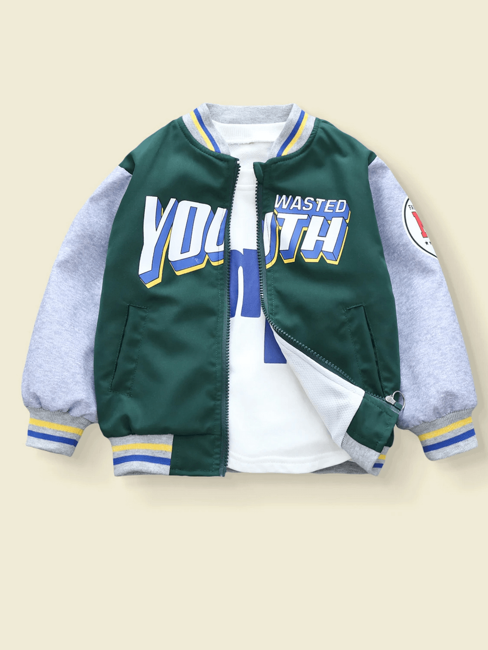 Trendy unhooded color-blocked baseball jacket for kids with bold letter print, perfect for casual wear and outdoor activities, SF3118