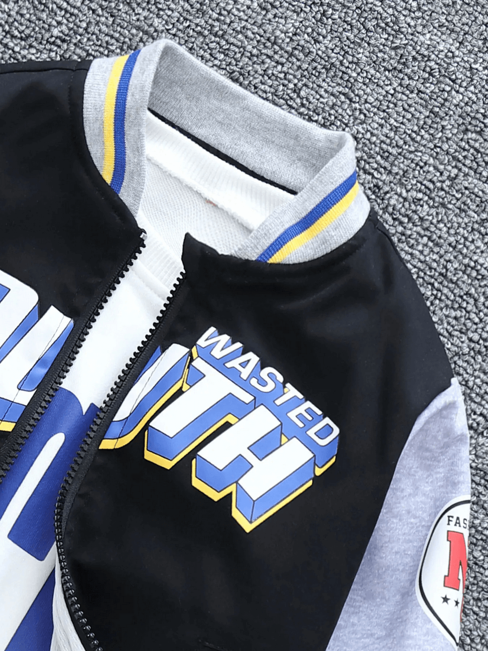 Kids' trendy unhooded color-blocked baseball jacket SF3118 with letter print, designed for style and comfort, ideal for active wear.