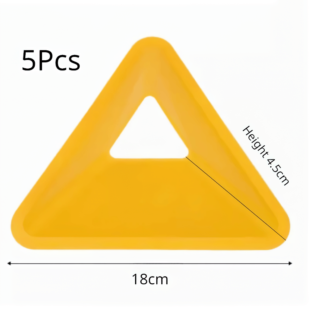 Yellow triangle field marker cone for sports, 5-pack with measurements; ideal for soccer drills, wear-resistant design.