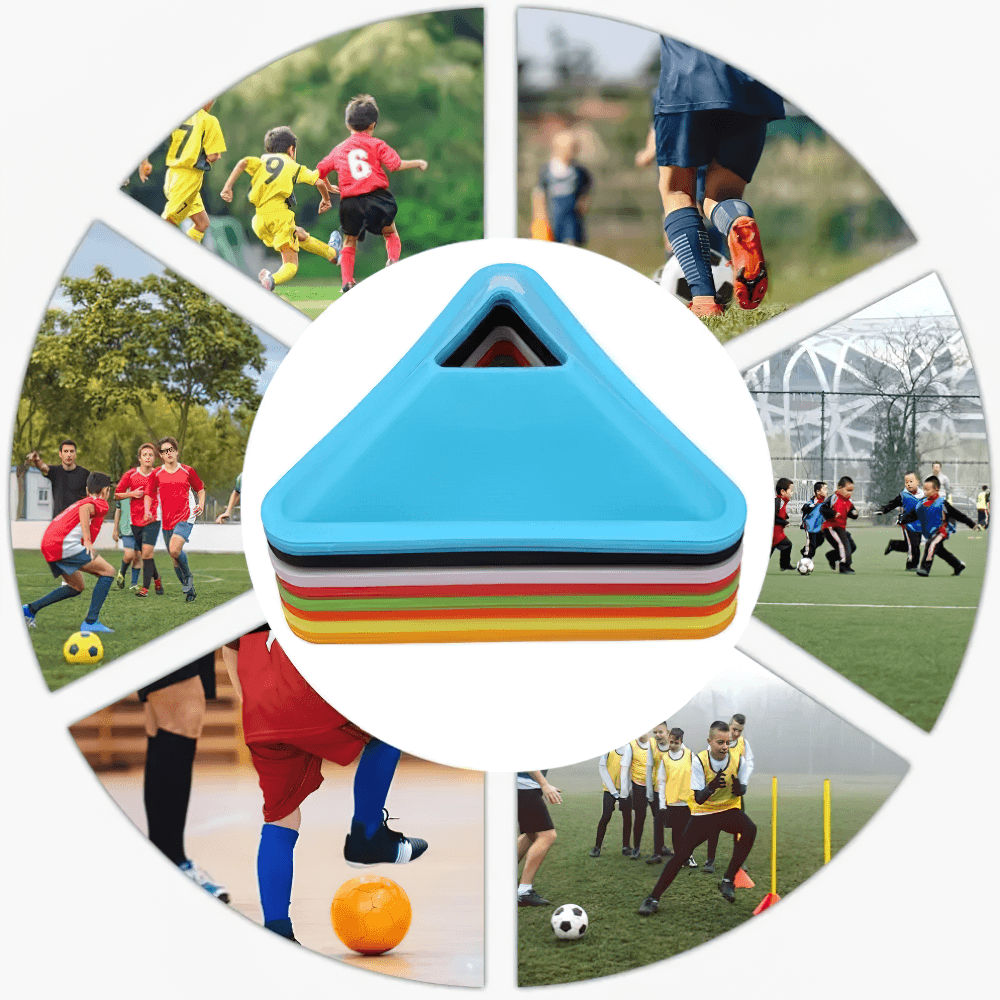 Colorful Triangle Field Marker Cones for Soccer Drills with Players in Action Background - SF3198