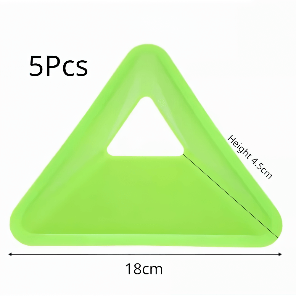 Bright green triangular field marker cone for soccer training, 18cm size, with a central stability hole, in a set of 5.