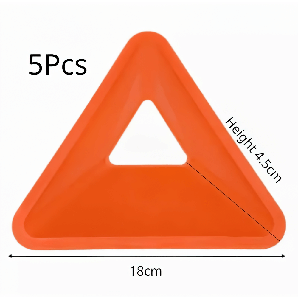Orange triangle field marker cone for sports training with dimensions of 18cm wide and 4.5cm high, pack of 5.
