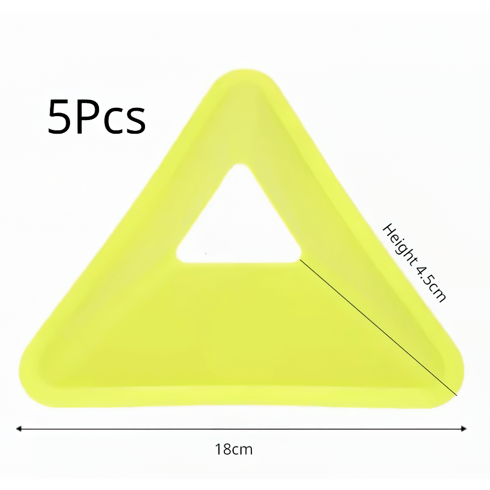 Set of 5 yellow triangle field marker cones for soccer and sports training, measuring 18cm with central hole for stability.