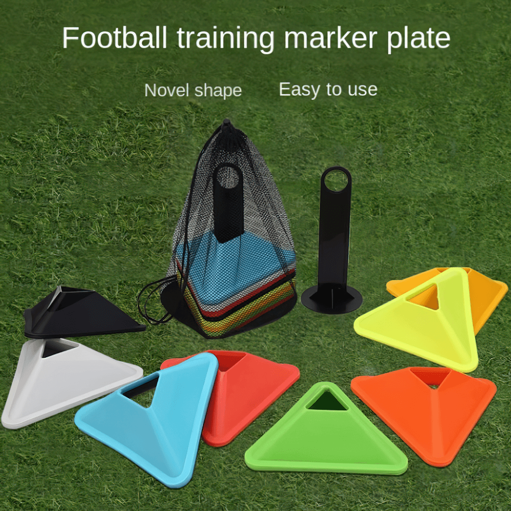 Colorful triangle field marker cones for soccer, perfect for drills, with mesh bag for easy transport.