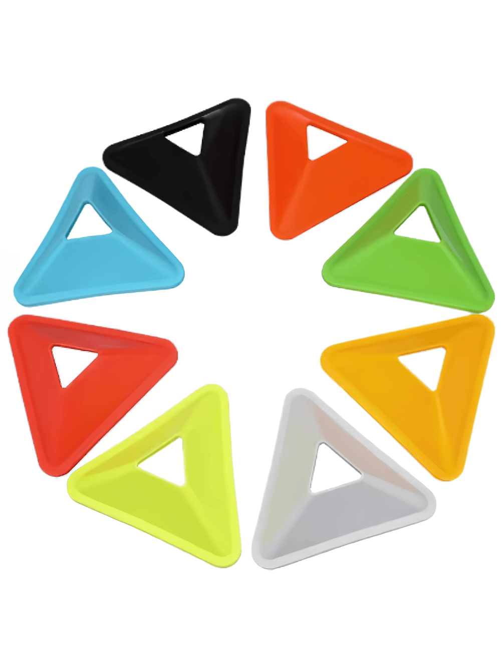 Colorful triangle field marker cones for soccer, featuring durable sports training plates in vibrant hues for drills and visibility.