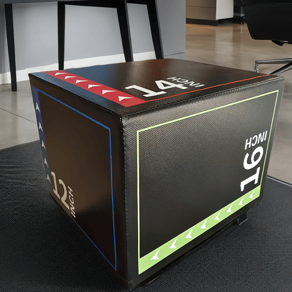 Triple-Height Fitness Box with colorful accents for versatile workout. Compact design perfect for home or gym use.