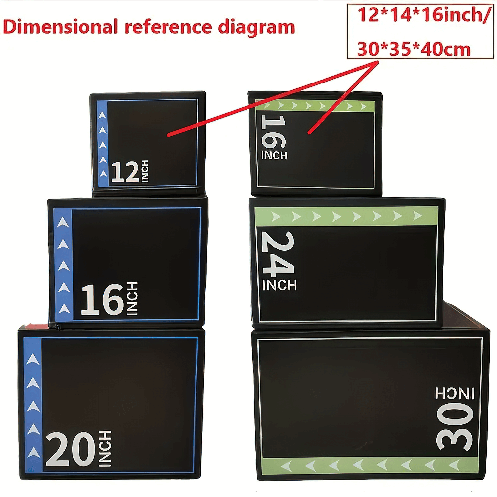 Triple-Height Fitness Box with color accents, showing multiple height options in black with red, blue, and green designs.