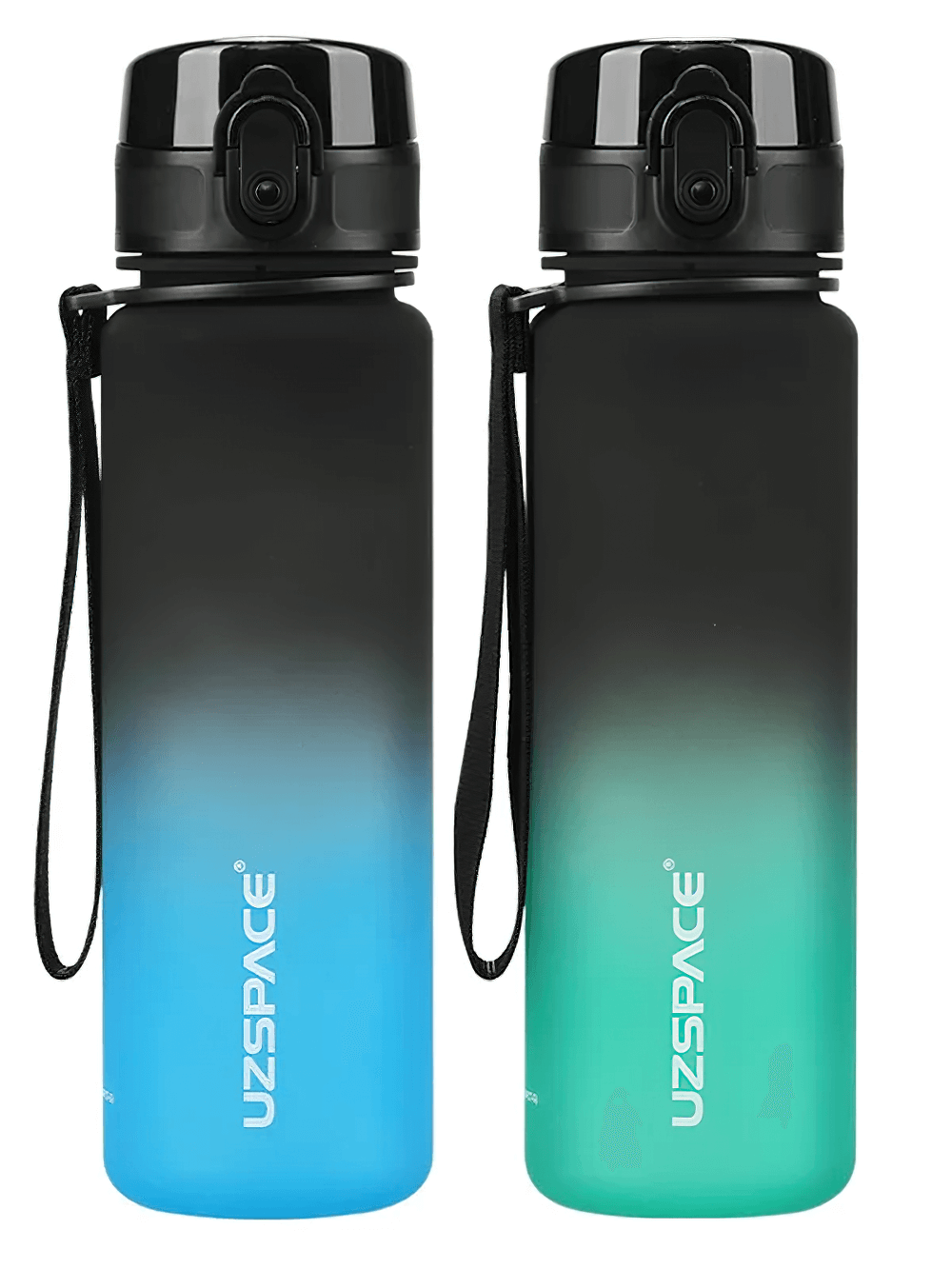 Dual Tritan sports water bottles with frosted finish and timeline, leakproof design, perfect for outdoor fitness and hydration.