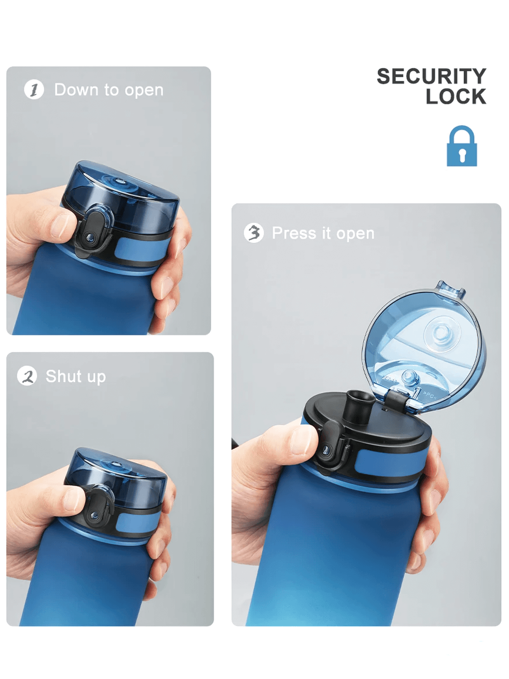 Blue Tritan sports water bottle with security lock and easy-open lid, demonstrating leakproof design. Perfect for outdoor fitness.