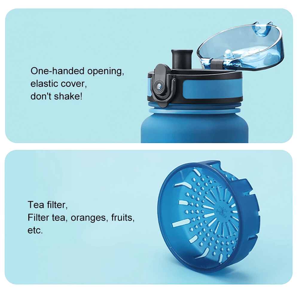 Tritan sports water bottle with elastic cover and tea filter, featuring a bounce lid and fruit infuser for outdoor and fitness use.