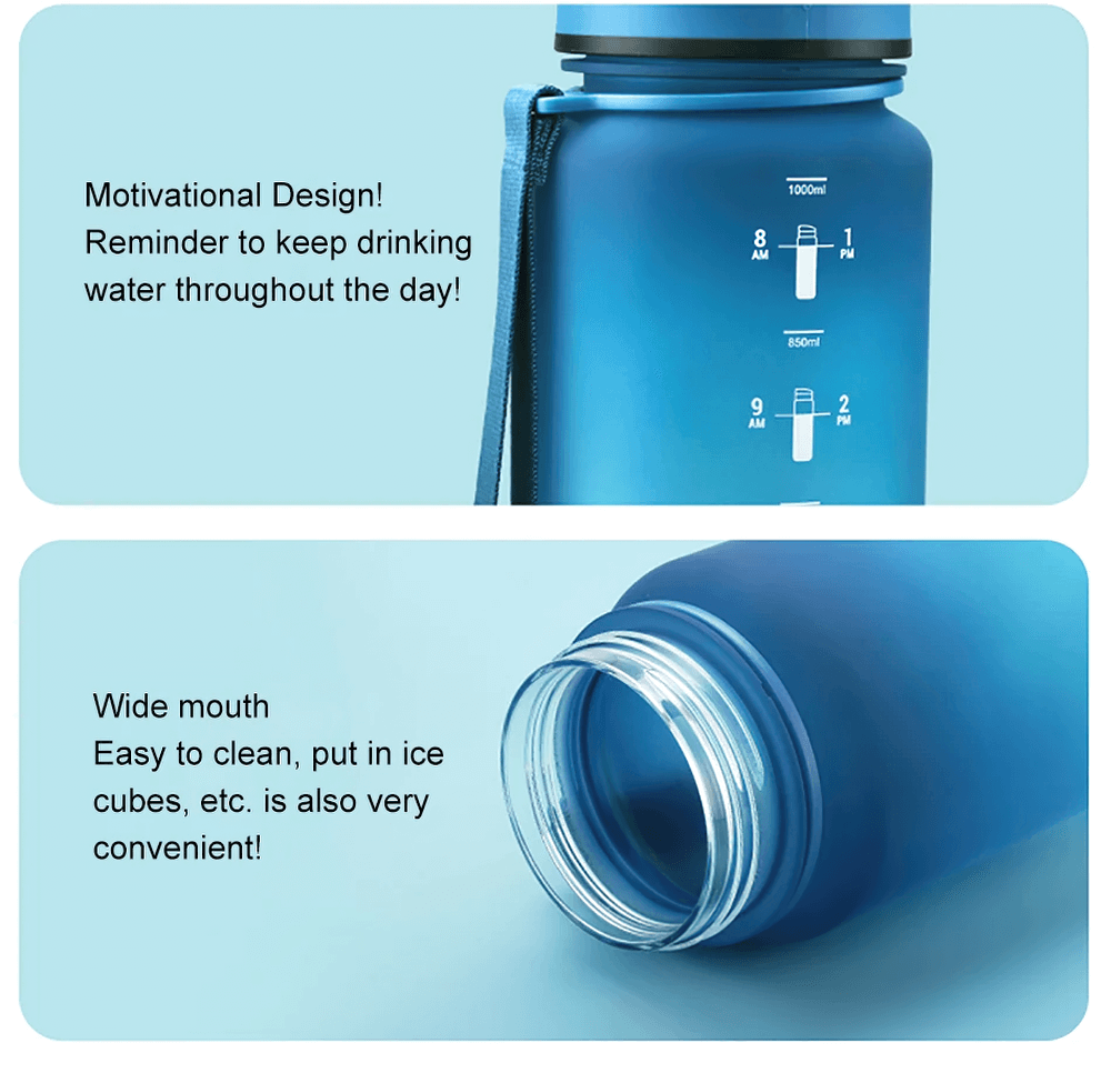 Blue Tritan sports water bottle with timeline reminder, motivational design, and wide mouth for easy cleaning and ice cube access.