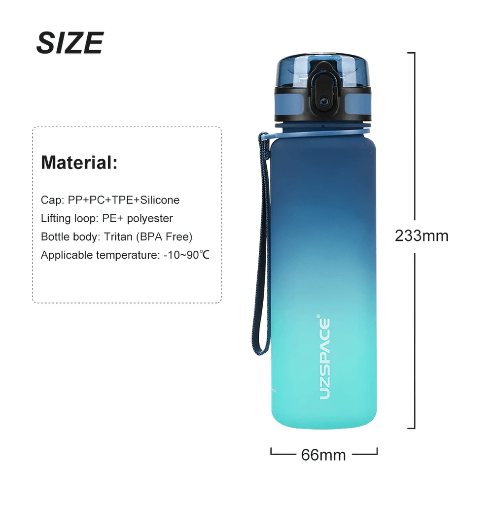Gradient blue Tritan sports water bottle with timeline, 500ml, featuring a leakproof bounce lid and wrist strap, ideal for outdoor fitness.