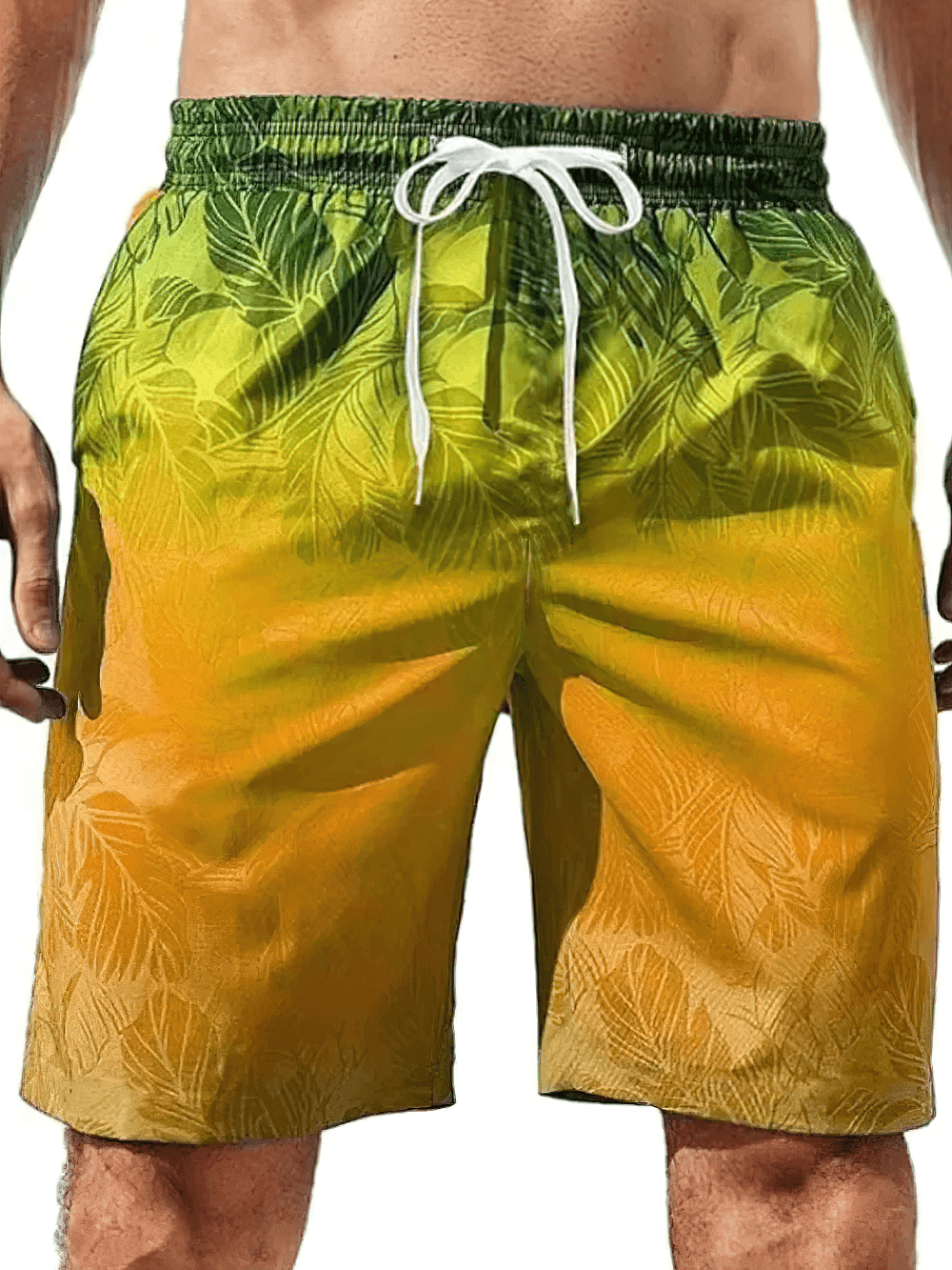 Alt Tag: Tropical Gradient Swim Shorts with Leaf Print - SF4495 men’s ombre green-to-gold leaf-print trunks with drawstring waistband
