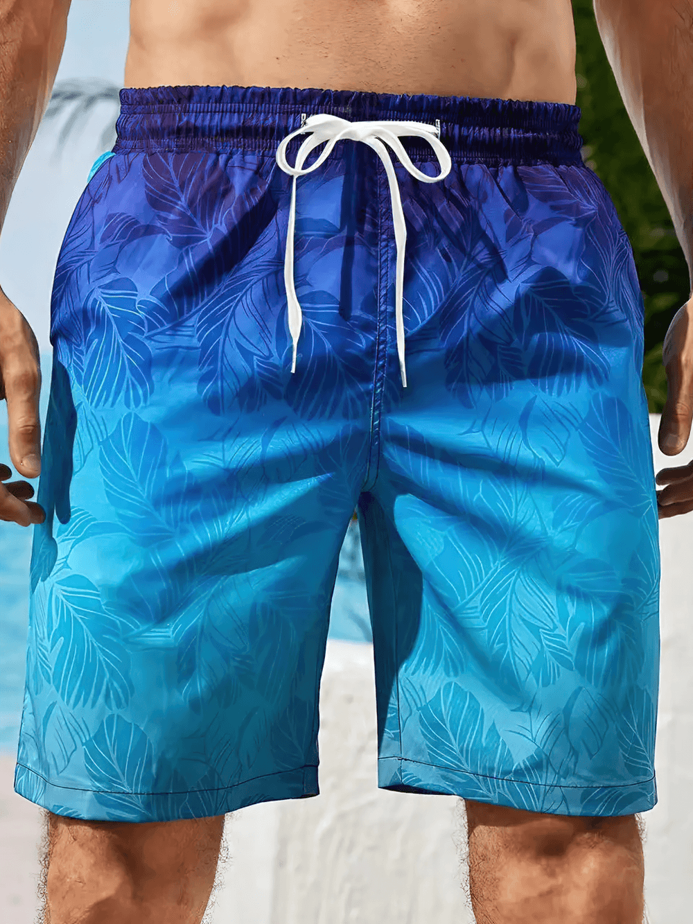 Alt Tag: Tropical Gradient Swim Shorts with Leaf Print - SF4495 men's blue ombre leaf print swim trunks with drawstring waistband