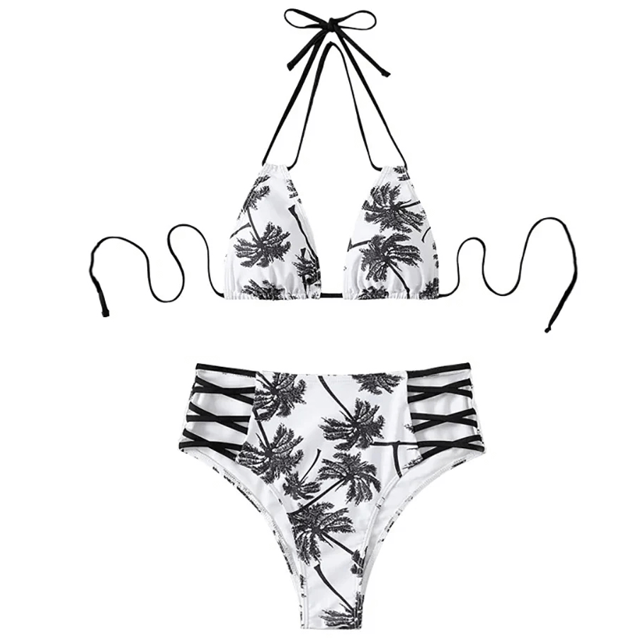 Tropical print bikini set with palm design and striped detail, featuring an adjustable halter top and high waist mid-rise bottoms, style SF2135