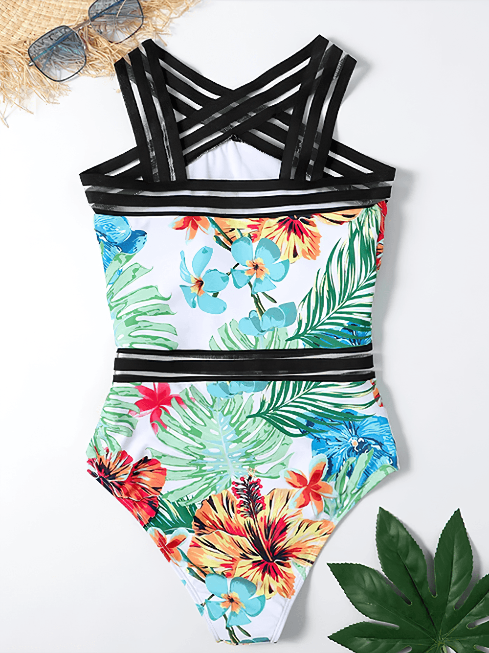Tropical Print Cross Tape One Piece Swimsuit - SF4649 featuring vibrant floral design and cross-front mesh tape straps.