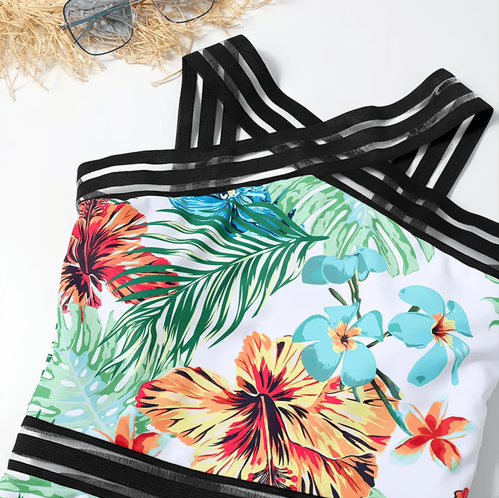 Tropical Print Cross Tape One Piece Swimsuit - SF4649 with vibrant floral design and mesh tape straps.