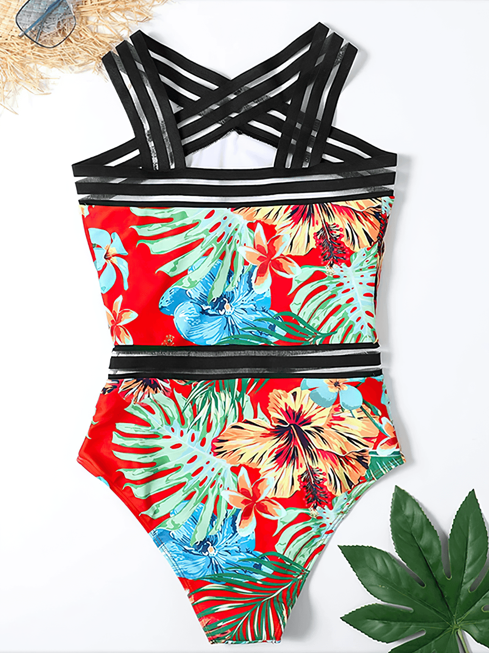 Tropical Print Cross Tape One Piece Swimsuit - SF4649 featuring vibrant floral pattern and stylish cross-front mesh straps.