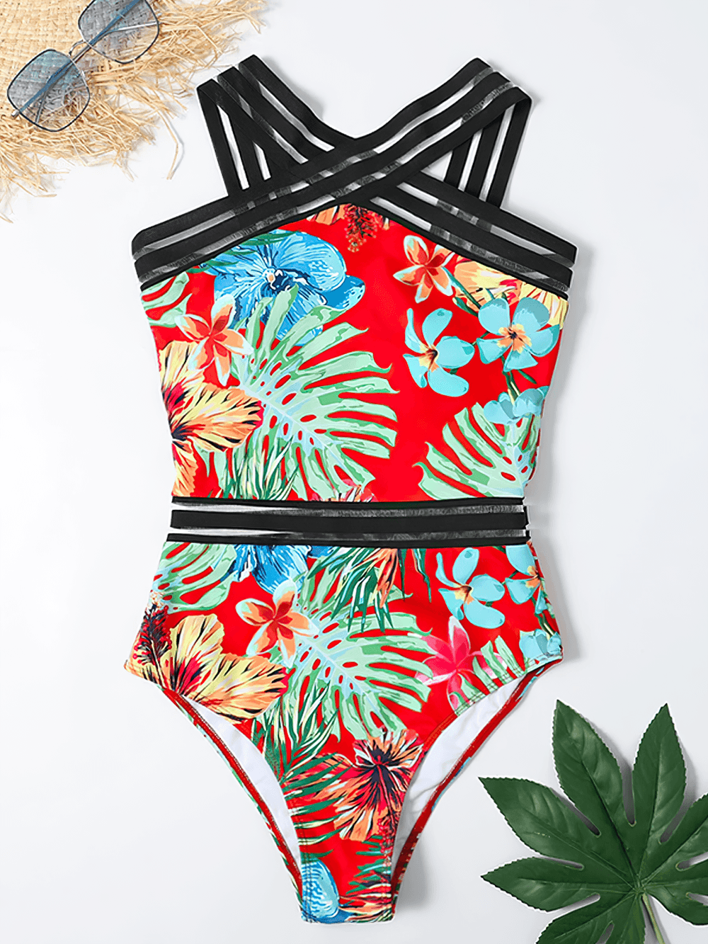 Tropical Print Cross Tape One Piece Swimsuit - SF4649 featuring bold floral design and cross-front mesh tape straps.