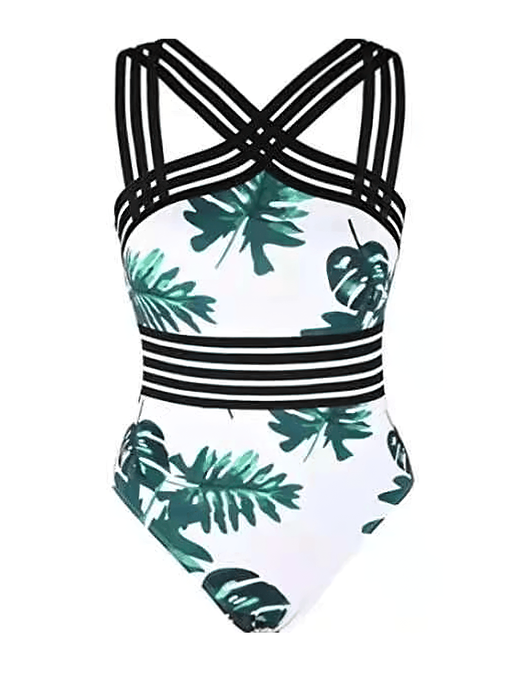Tropical Print Cross Tape One Piece Swimsuit - SF4649 with bold leaf print and stylish cross-front mesh tape straps.