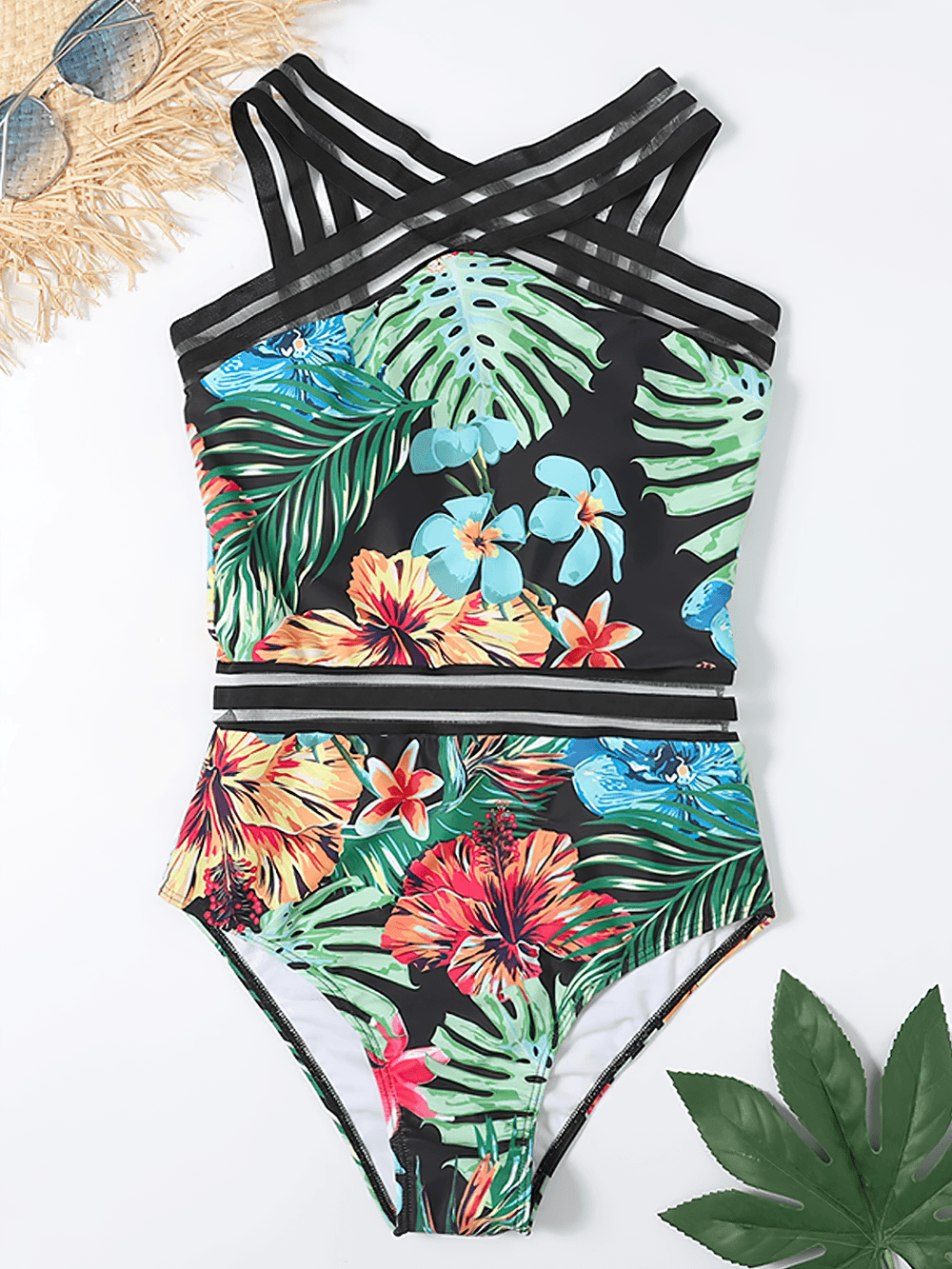 Tropical Print Cross Tape One Piece Swimsuit - SF4649 featuring vibrant floral design and cross-front mesh tape straps.