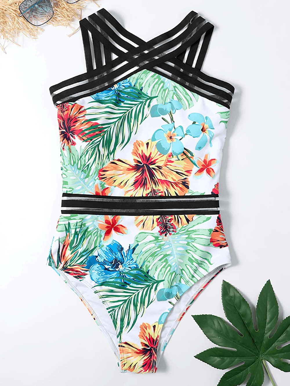 Tropical Print Cross Tape One Piece Swimsuit - SF4649 in vibrant floral design with cross-front mesh tape.