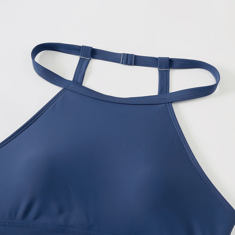 Tropical Print Swimsuit Two-pieces with High Waist - SF4556 high neck bikini top detail.