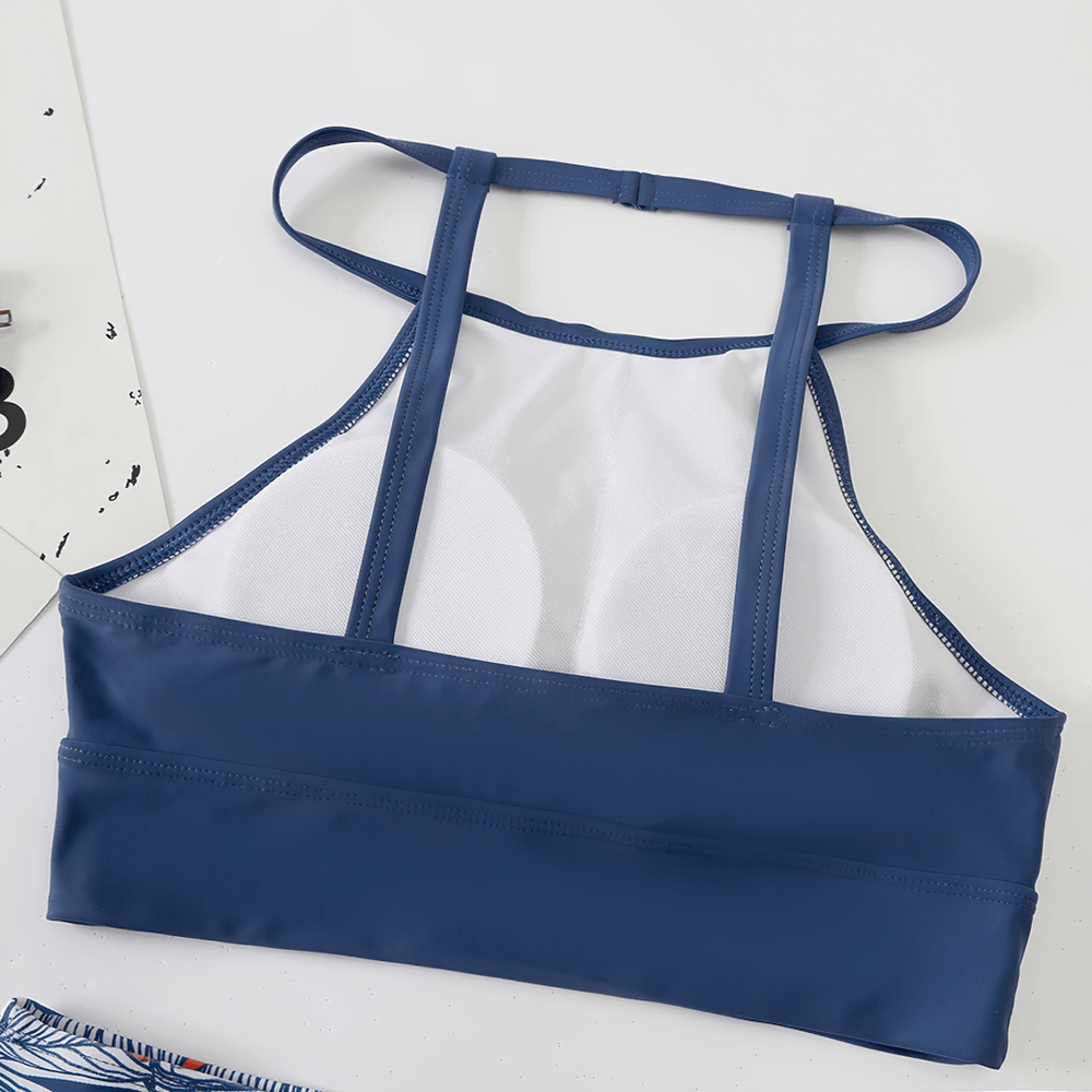 Tropical Print Swimsuit Two-pieces with High Waist - SF4556 high-neck bikini top featuring adjustable straps and built-in padding.