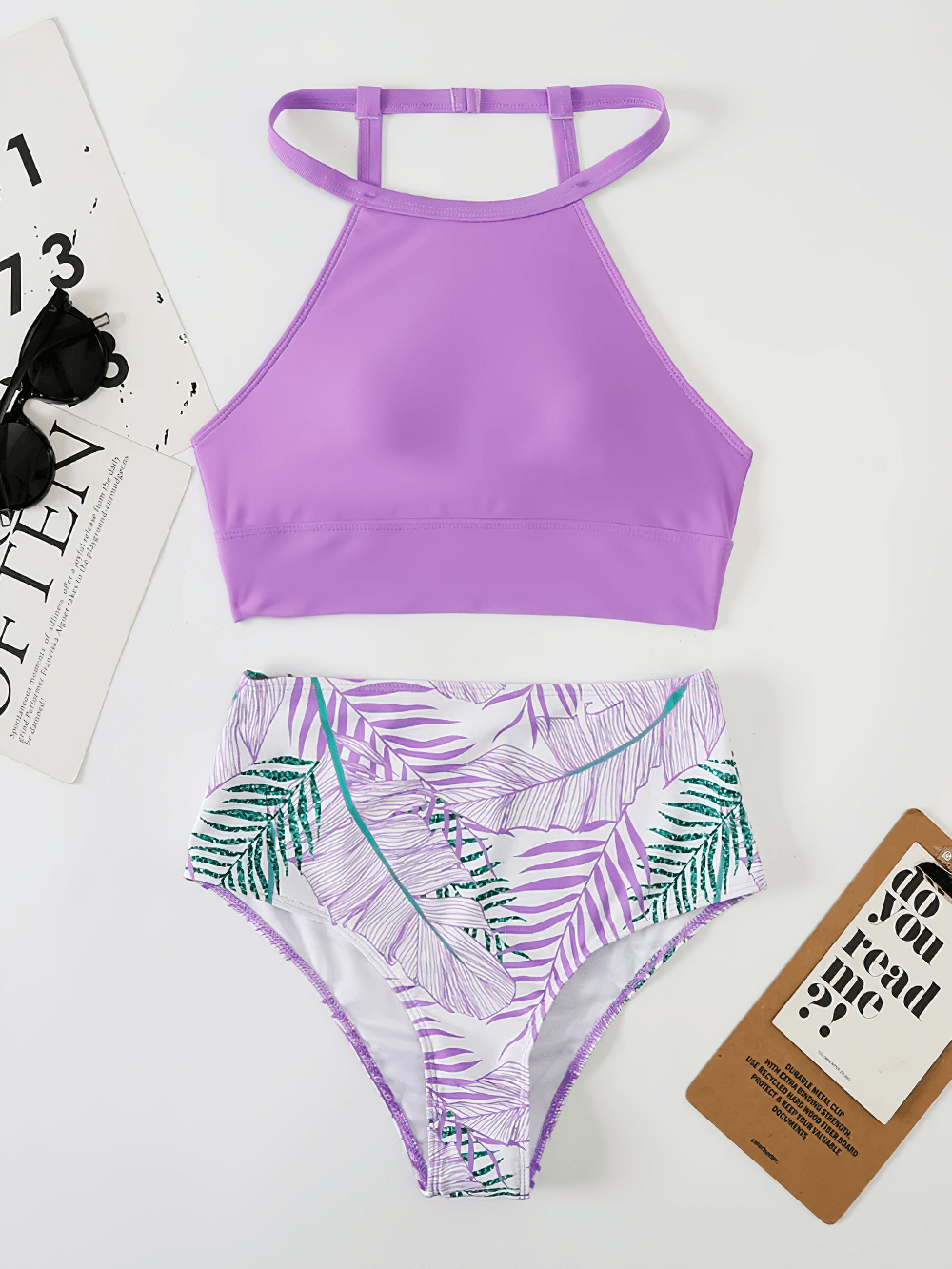 Tropical Print Swimsuit Two-pieces with High Waist - SF4556 featuring a stylish high-neck bikini top and tropical print bottoms.