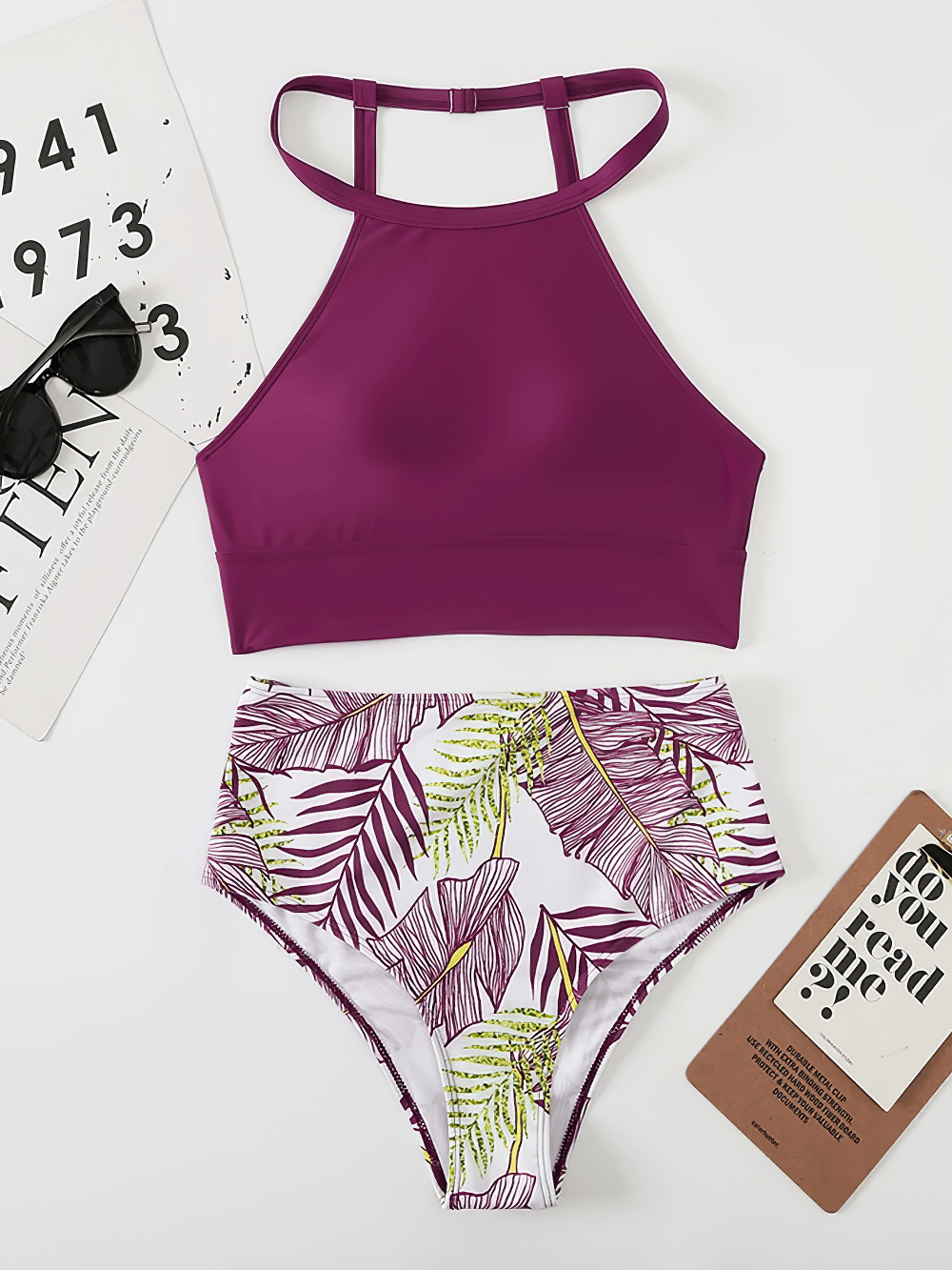 Tropical Print Swimsuit Two-pieces with High Waist - SF4556 featuring a high-neck bikini top and high-waist bottoms.