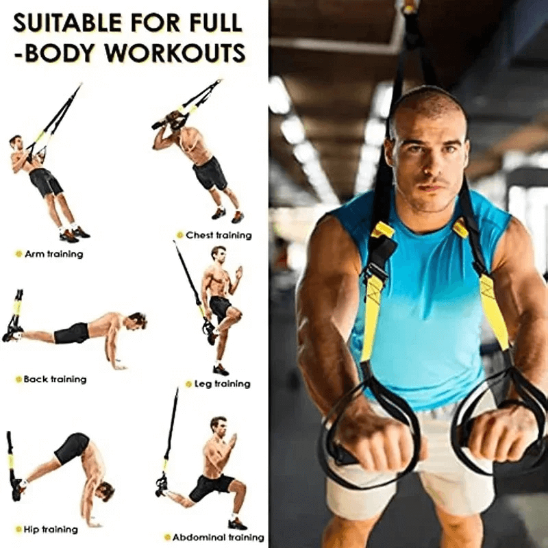 Man using TRX suspension trainer for full-body workout with illustrations for arm, chest, back, leg, hip, and abdominal exercises.