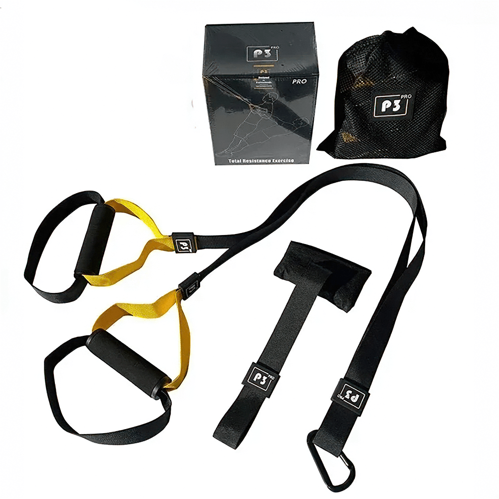 Home TRX suspension trainer set with durable straps, door and bar anchors, and carrying bag for full body workouts and fitness training.