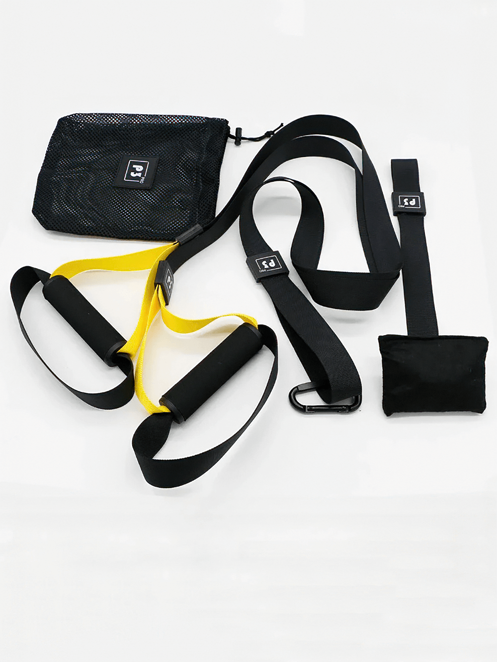 TRX Suspension Trainer with door and bar straps, ideal for home workouts and travel, includes carrying bag for total body fitness.