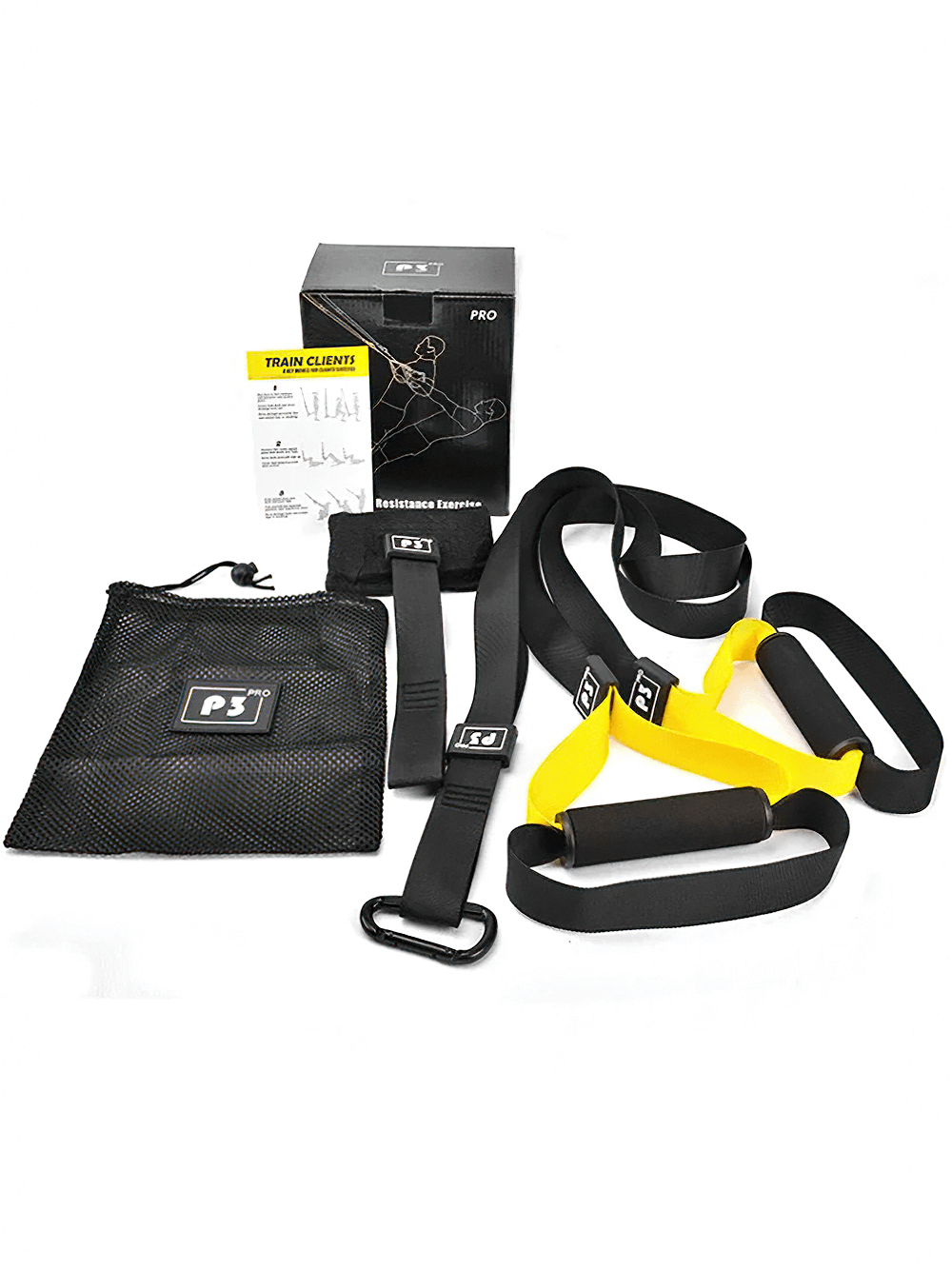 Complete TRX suspension trainer set with straps, door anchor, bar strap, and carrying bag for full body home workouts.