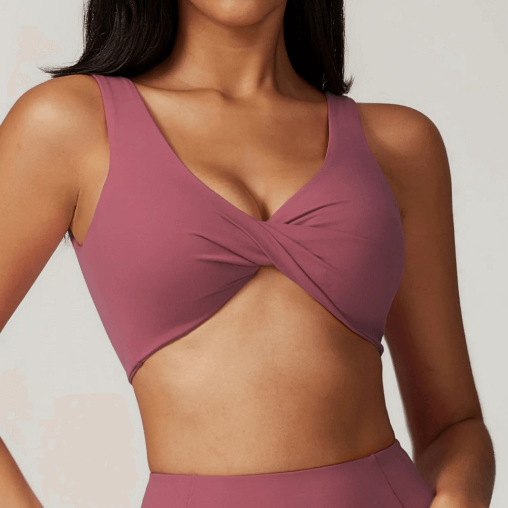 Twist Front Sports Bra in mauve, backless design, perfect for yoga, fitness, running, with high support for women, quick-dry fabric.
