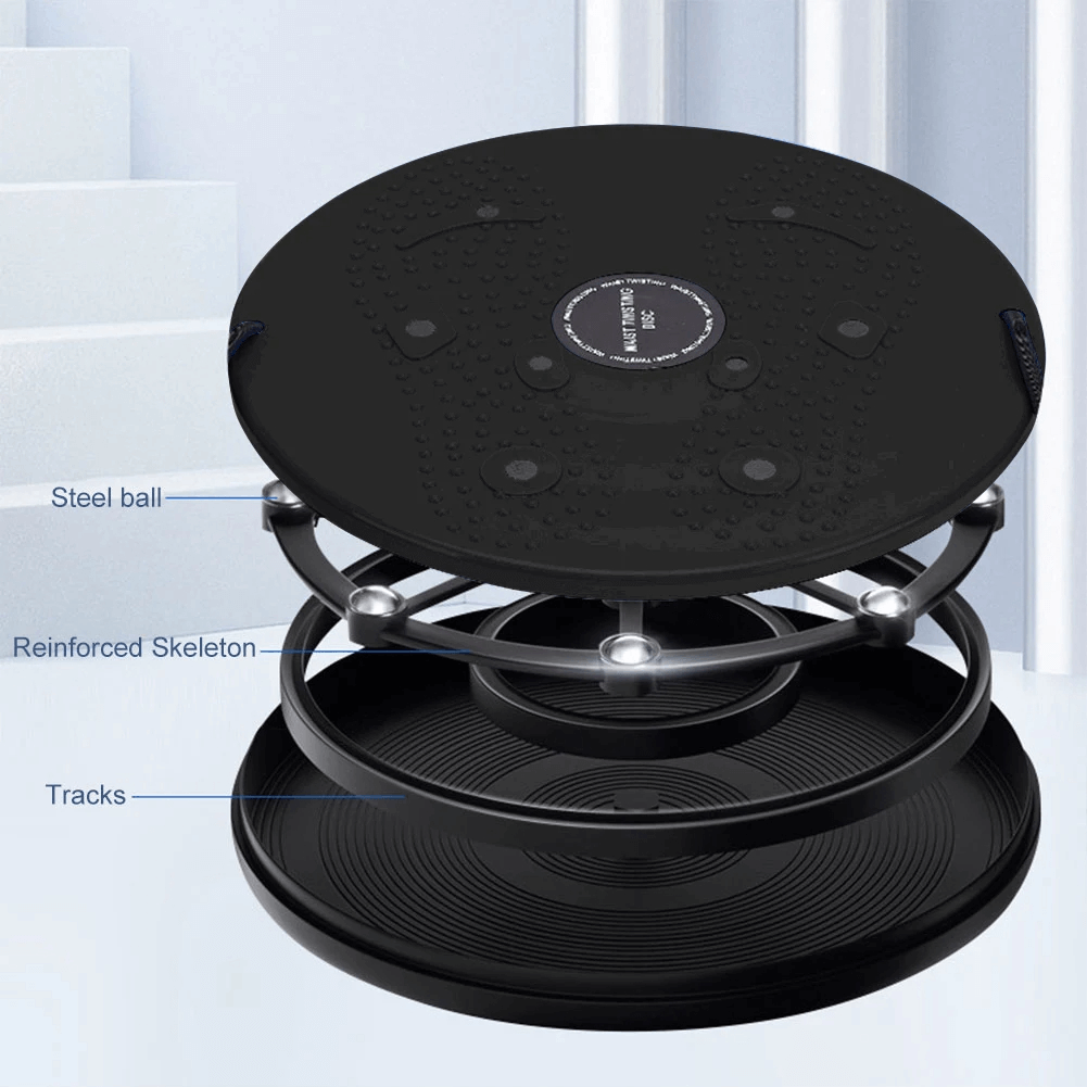 Black twist waist disc with resistance bands, showing steel ball, reinforced skeleton, and tracks for core training and balance.